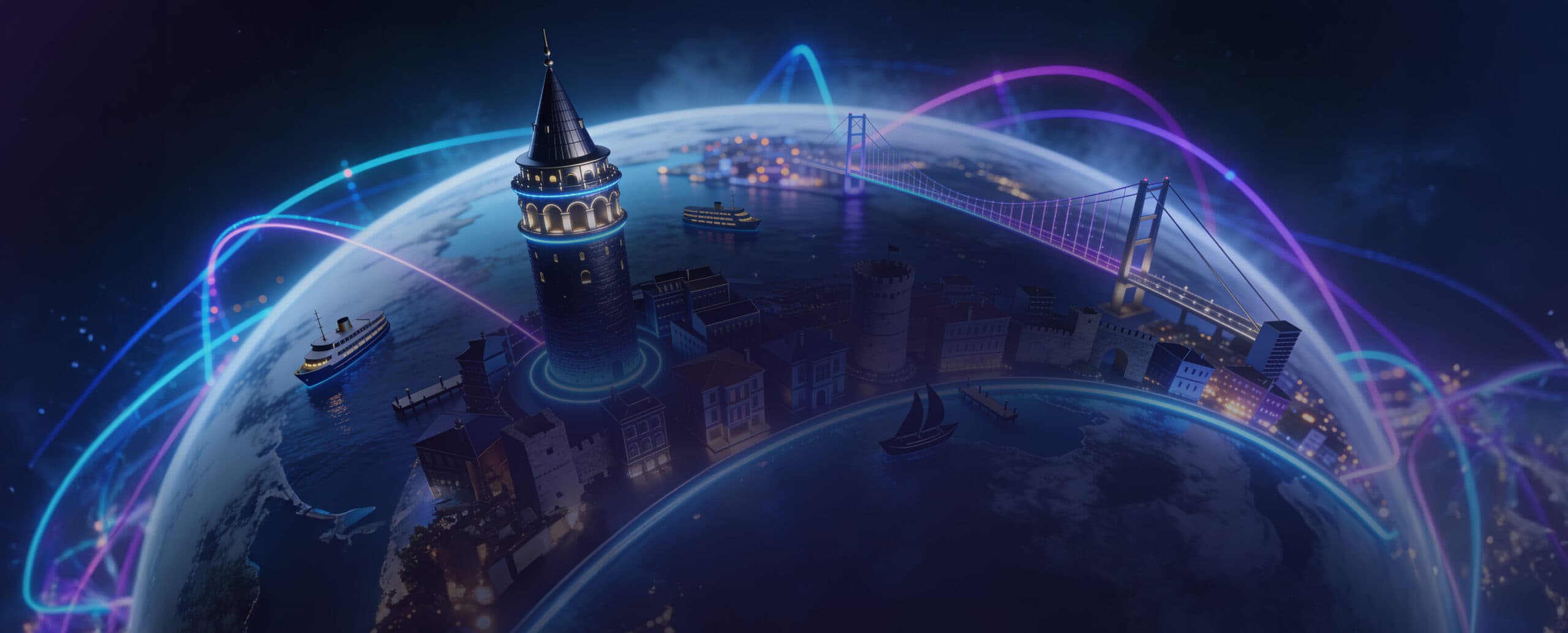 Işıldayan bir kürenin altında Galata Kulesi ve Boğaziçi Köprüsü ile gece İstanbul